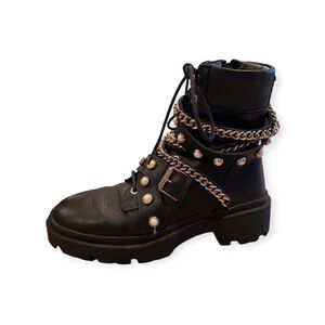 Zara Moto Combat Boots Pearl Studded Chains Women's Biker Chunky 38 8M
